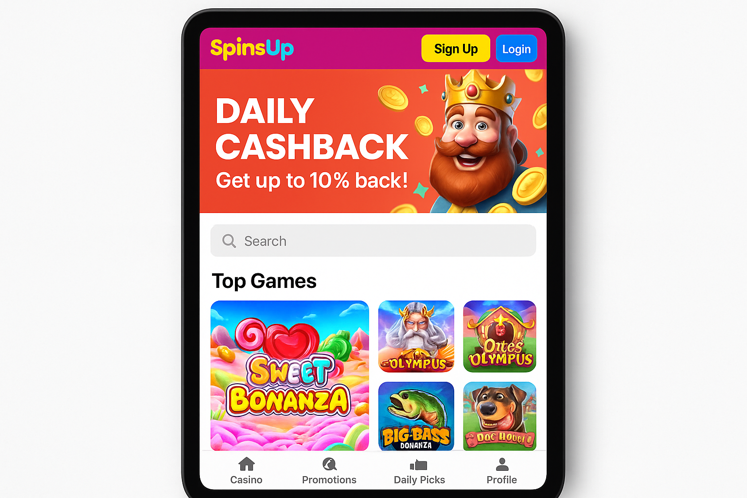 SpinsUp Casino Mobile View